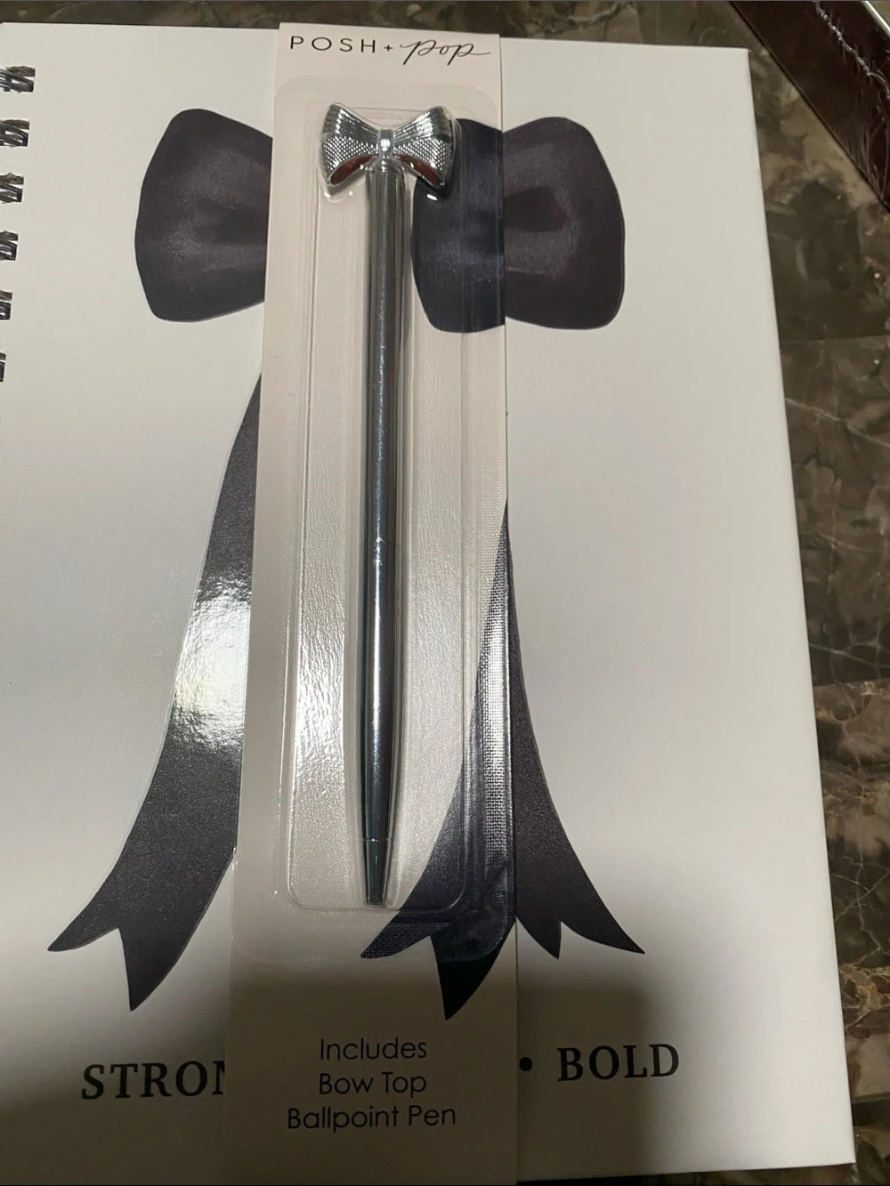 POSH + POP Silver Bow Top Ballpoint Pen and journal with stickers
